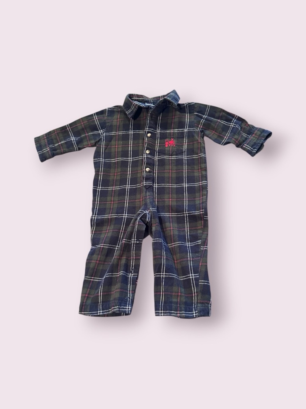 Vintage Koala Kids Baby Plaid Button-Up Baby Romper in Navy and Green Sz 18 Mon